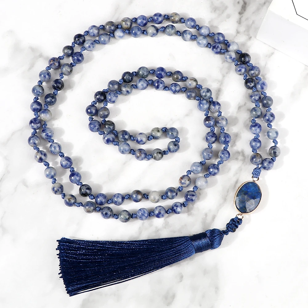 New Prayer 108 Mala Beads Tassel Pendant Necklace 6mm White Dot Blue Natural Stone Bracelet&Bangle Chain Jewelry Gift Friend