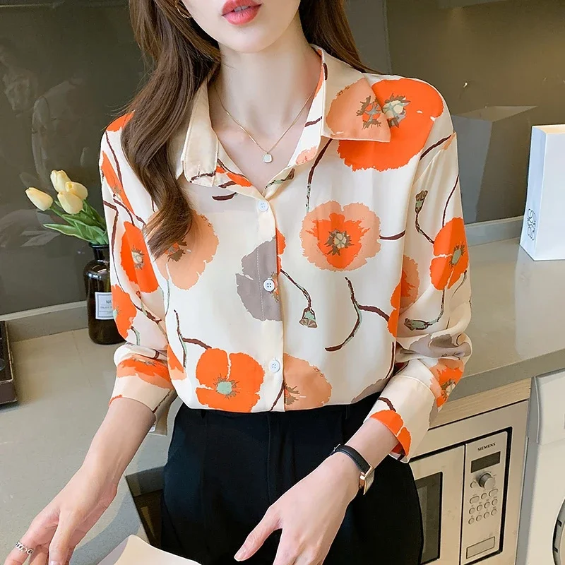 Floral Printed Button Up Shirt Women 2024 Elegant Fashion Long Sleeve Office Chiffon Blouses Y2k French Loose Ladies Tops Mujer