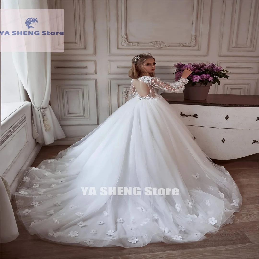 

Flower Girl Dress Fluffy Tail Long Sleeve Lace Applique Wedding Vintage Elegant Little Children Holy Communion Birthday Dress