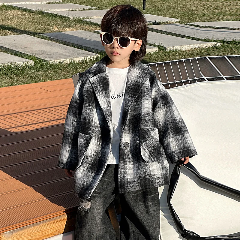 Baby Boys Spring Autumn Hooded Wool Blends Coat 2024 Fashion Plaid Double-Breasted Clothes Children's Outdoor Jacket Age 2 To 11