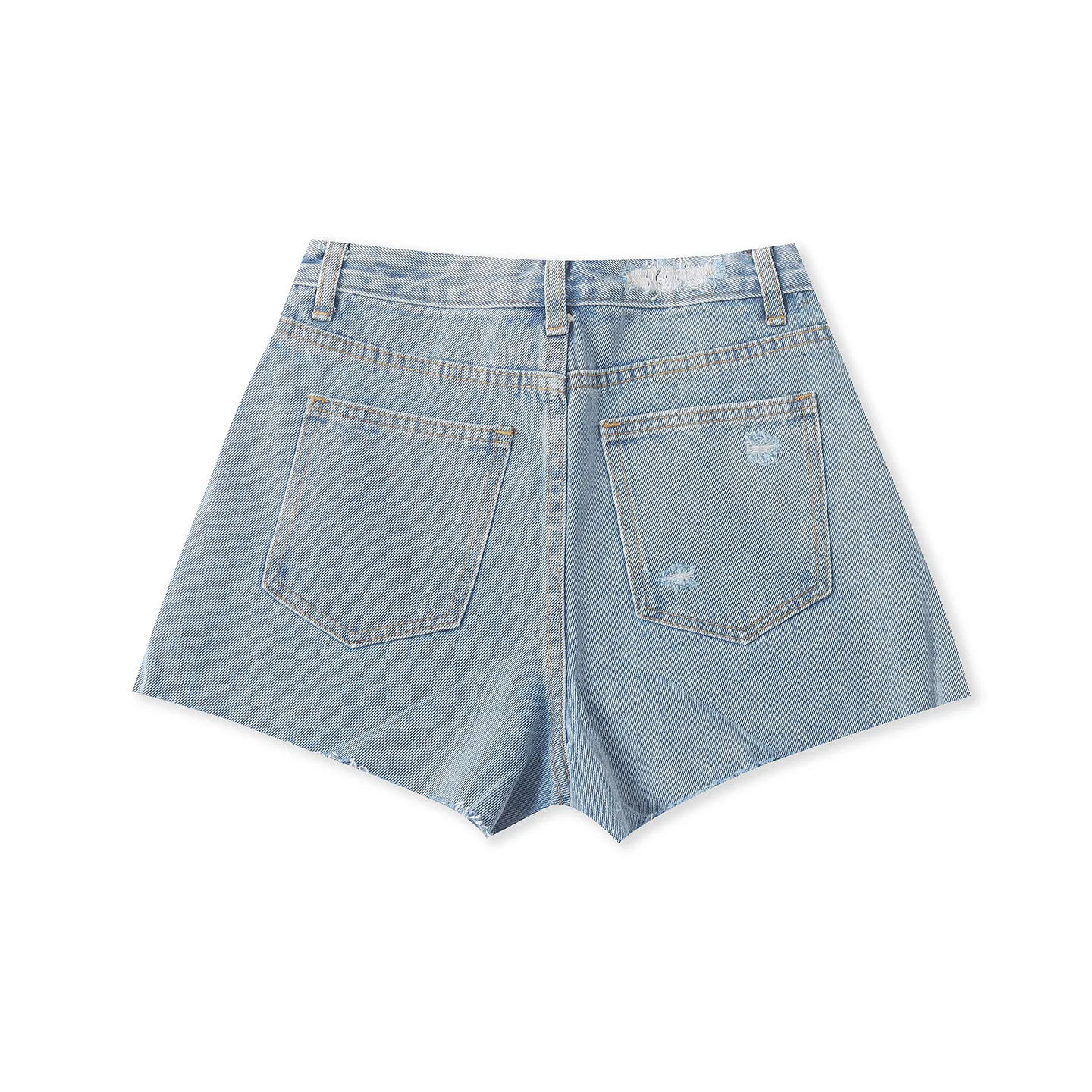 High Waist Cuffed Washed Shorts Women's Casual Fashioned Versatile Multi-Pocket Hole Punchy Summer New Style 19411