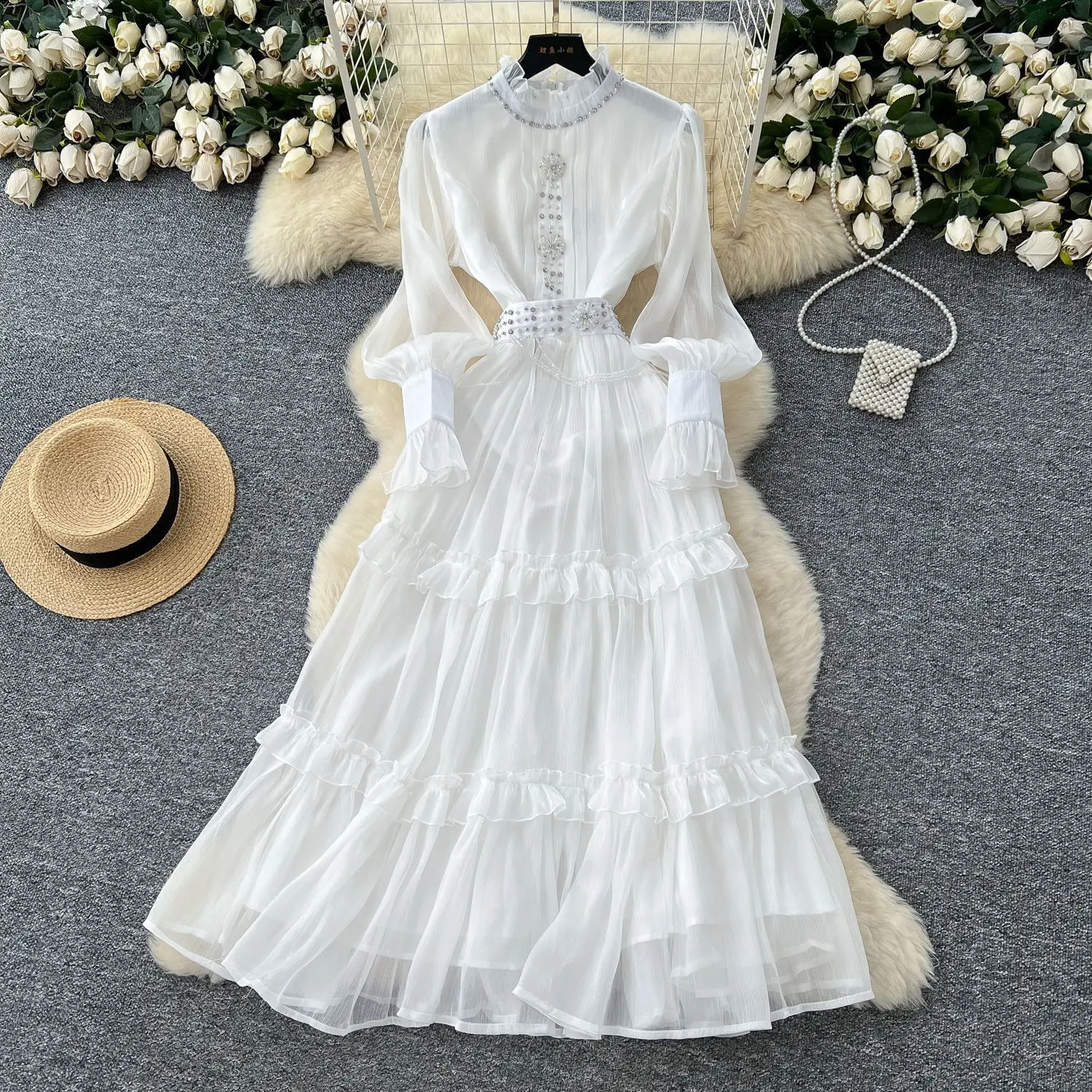 Elegante verano otoño satén manga larga Maxi Vestido de pastel mujeres volantes vestidos de noche de cristal Hada dulce Vestido con cuentas de cristal
