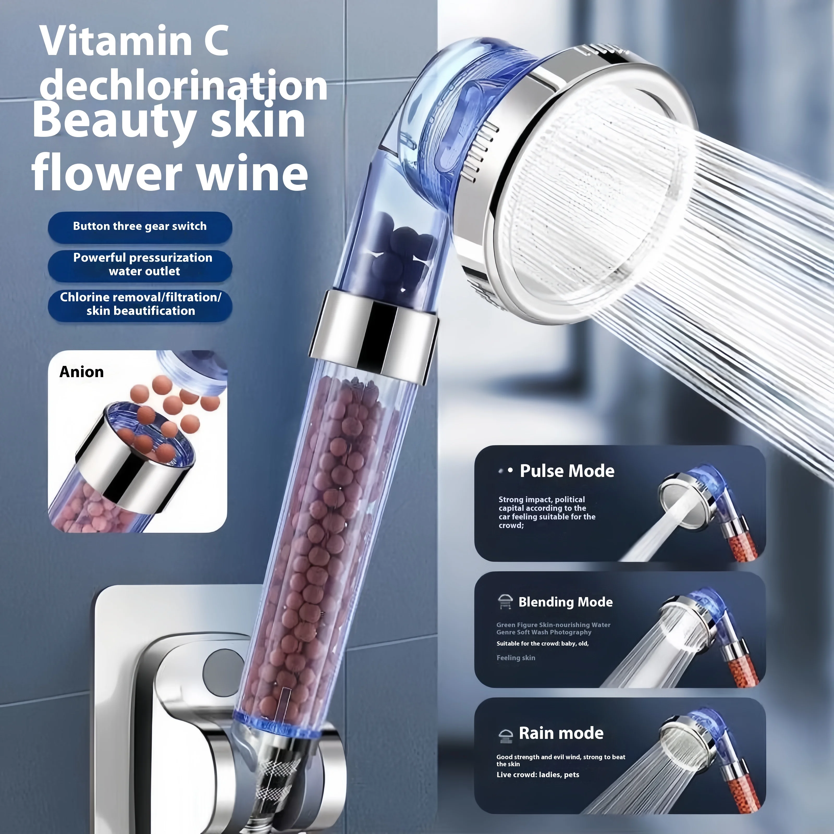 

Household Filtered Shower Head High Pressure Water Saving Spray Handheld Clear Showerheads with With Filter Beads for Bathroom