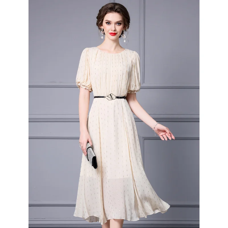 

French Romantic Rayon Dress Summer Waist Slimming Lantern Short Sleeve Elegant Large Swing Skirt2024New