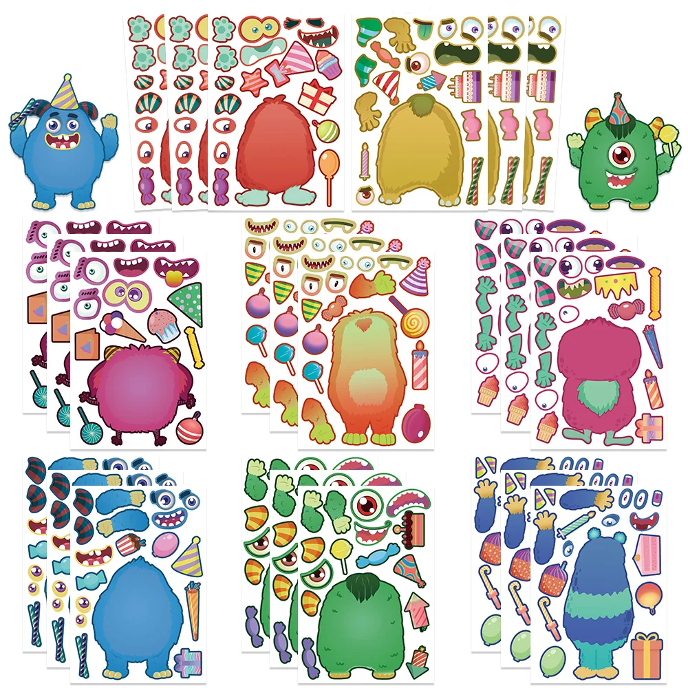 32 lembar kartun Monster DIY stiker Puzzle lucu merakit decal Laptop skateboard notebook iPad anak laki-laki perempuan hadiah remaja