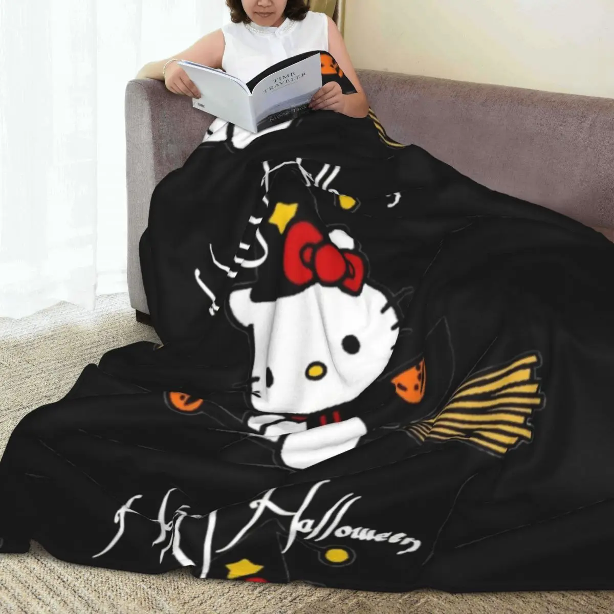 Hello Kitty Riding A Broom Blankets Soft Comfortable Plush Throw Blanket For Outdoor Picnic Flannel Bedspread Bed Cover