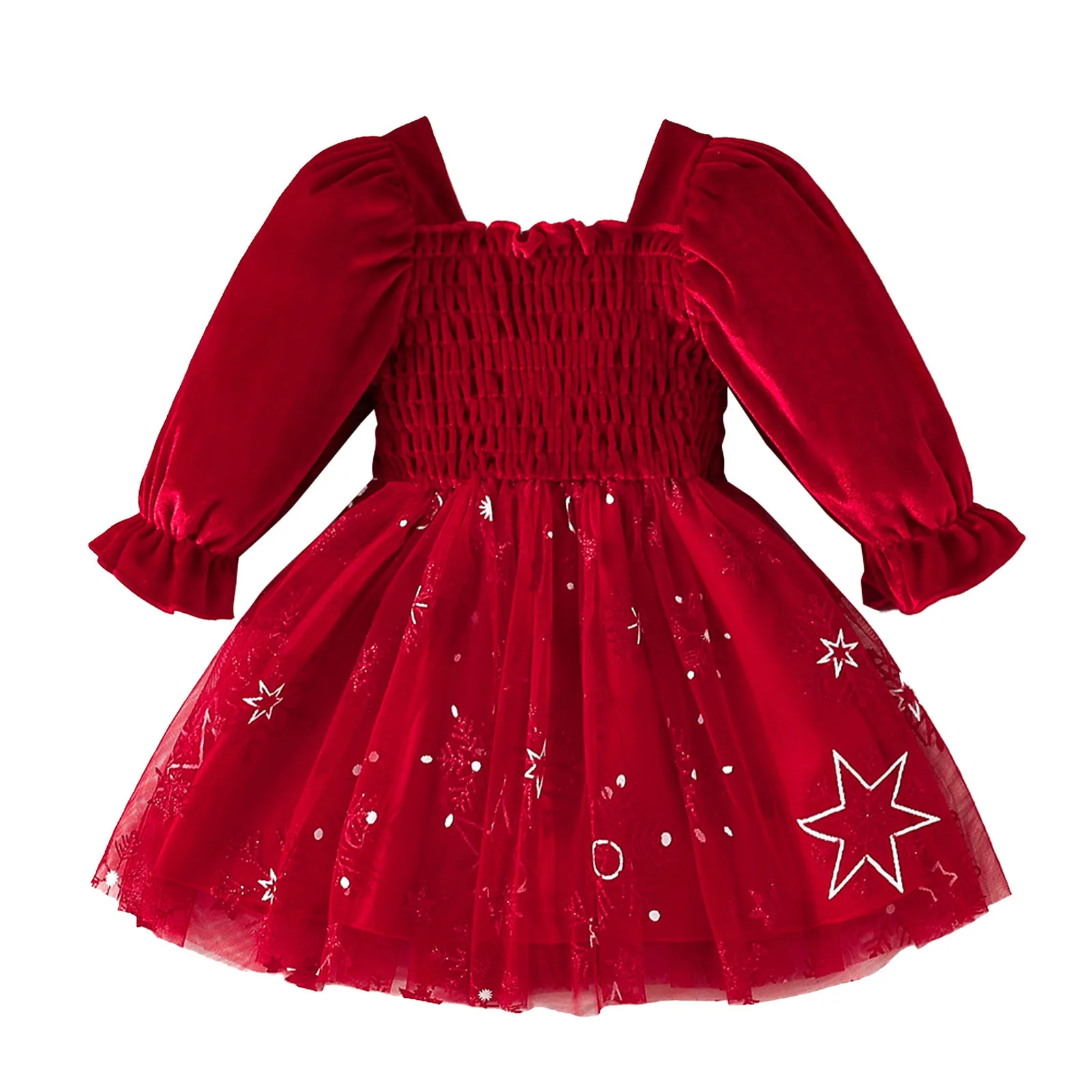 Toddler Children Girls Christmas Long Sleeve Square Neck Mesh Star Prints Dresses Tulle Dress Clothes Birthday Party Dress