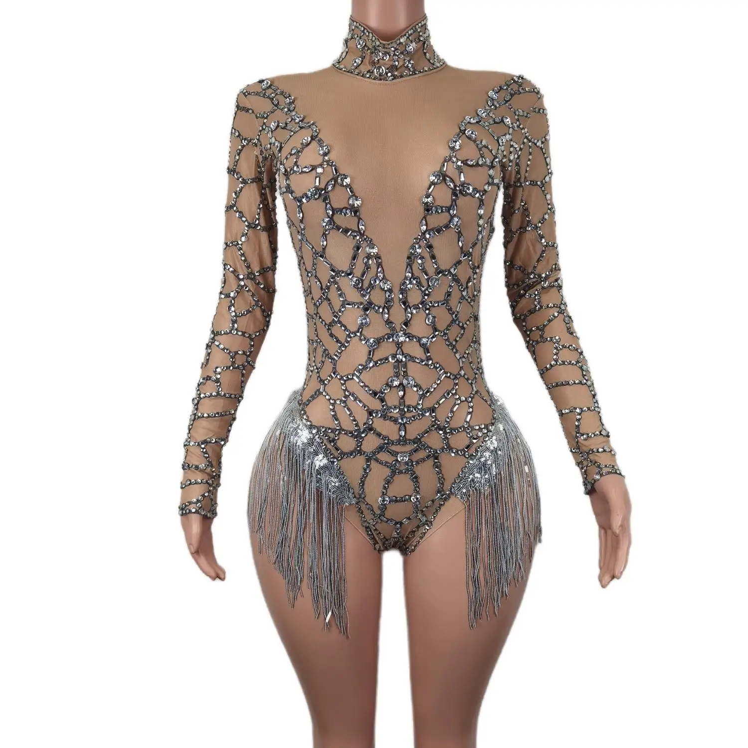 

Shining Rhinestone Crystal Women Rompers Singer Dancer Show Costumes Ladies Turtleneck Tassel Bodysuits Party Diamond Jumpsuits