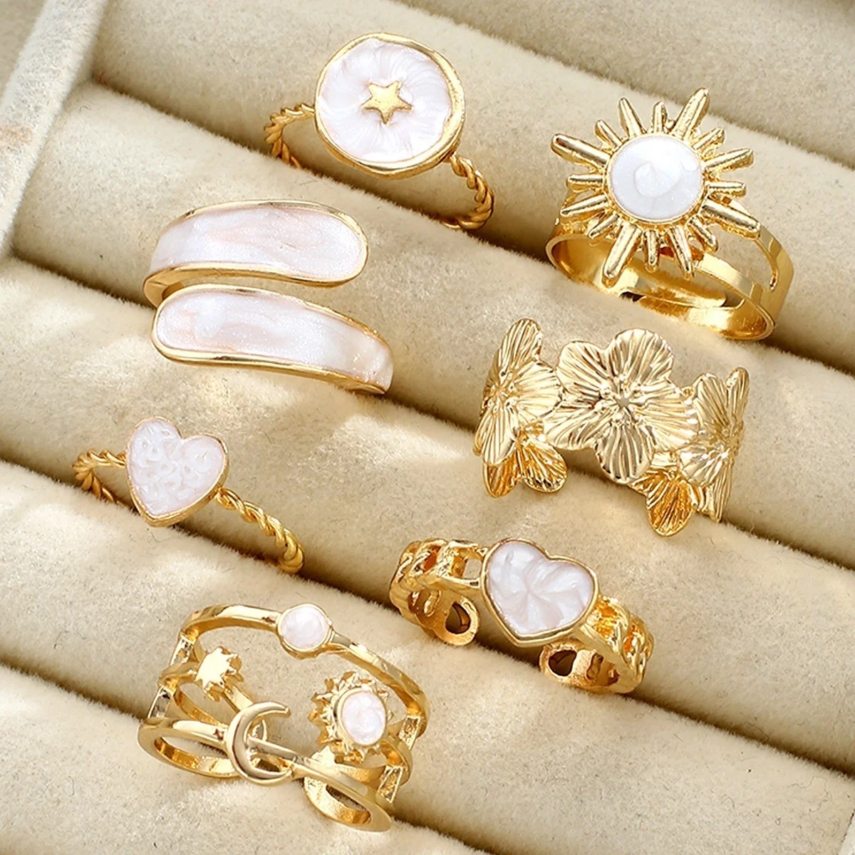 Vintage-Set mit unregelmäßigen, barocken, imitierten Perlen-Fingerringen für Damen und Herren, trendiger weißer, geometrischer Ring mit Emaille, Punk-Schmuck – Detail 23