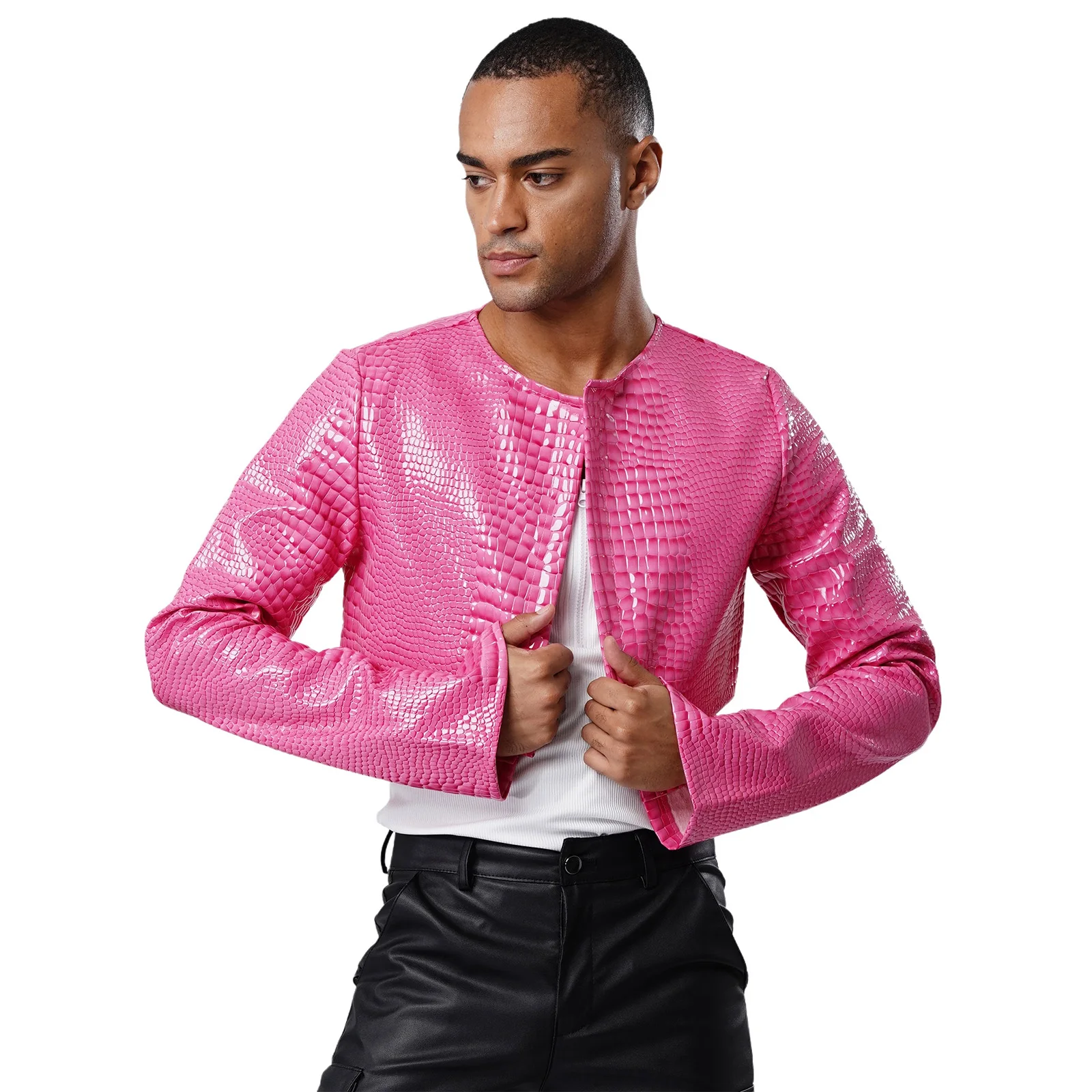 

Mens Snakeskin Embossing Faux Leather Cropped Jacket Long Sleeve Open Front Motorcycle Jacket Festival Rave Party Outerwear