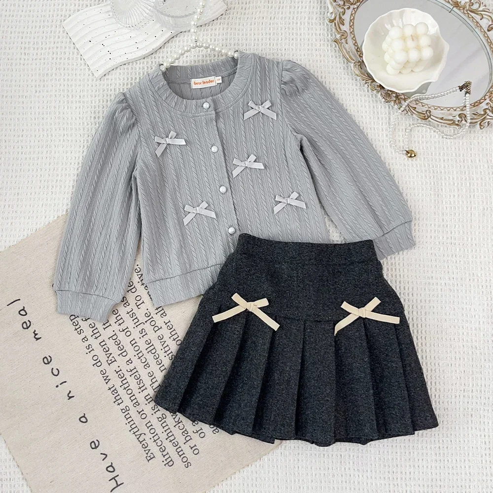 Autumn New Grey College Style Knitted Suit Korean Version Bow Cardigan+pleated Skirt Two-piece Set for Girls