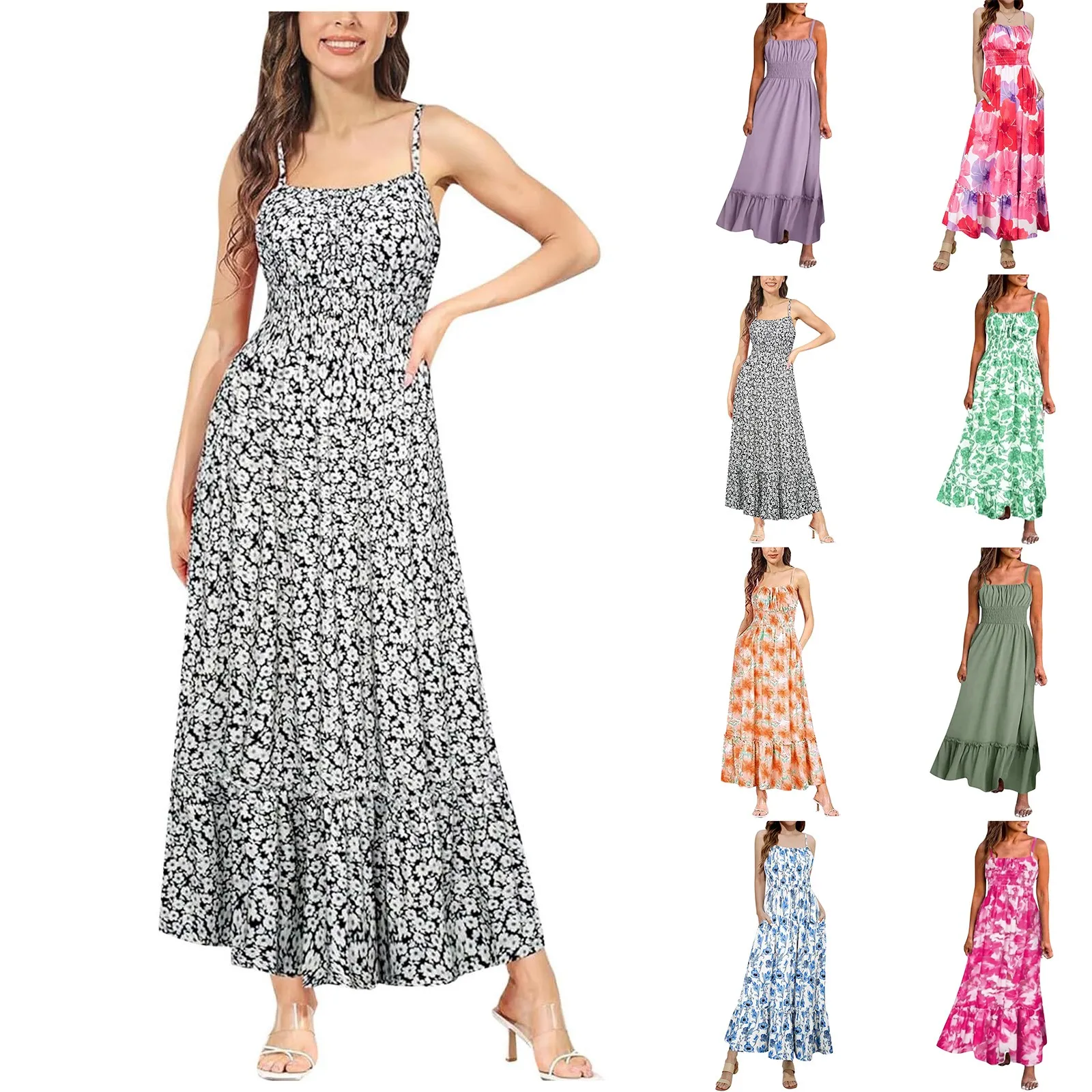 Sommer Blumen gedruckt Maxi Cami-Kleid Spaghetti träger geraffte Mieder gekleidet Taille Kleid elegante Strand Boho Kleid für Frauen
