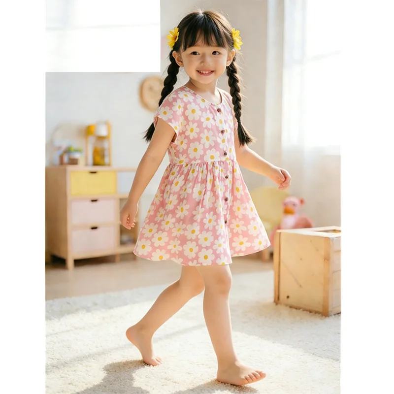 

Summer Baby Girls Cotton Single-Breasted All Over Print Short Sleeve Dress Kid Princess Dresses Children Outfit Skirt 2-10 Years