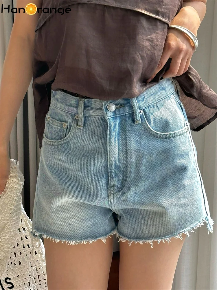 

HanOrange 2024 Summer Retro Burr Edge High Waist Denim Shorts Women A-line Casual Hot Pants Light Blue