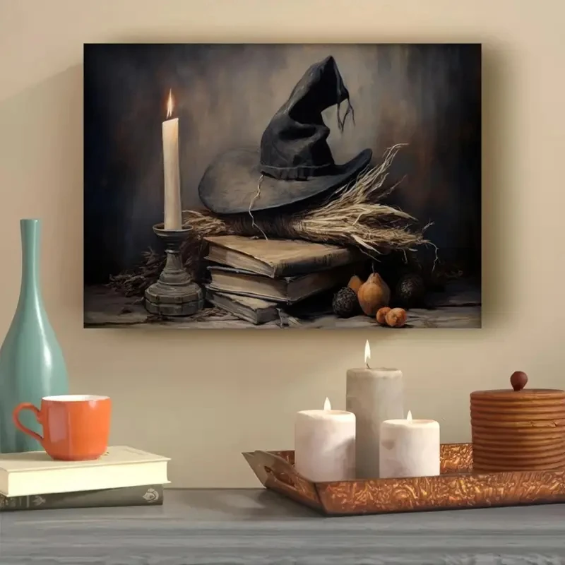 

1pcs Magical Decorative Canvas Wall Art Printing Halloween Witch Poster Retro Decorative Style Modern Frameless Home Decor