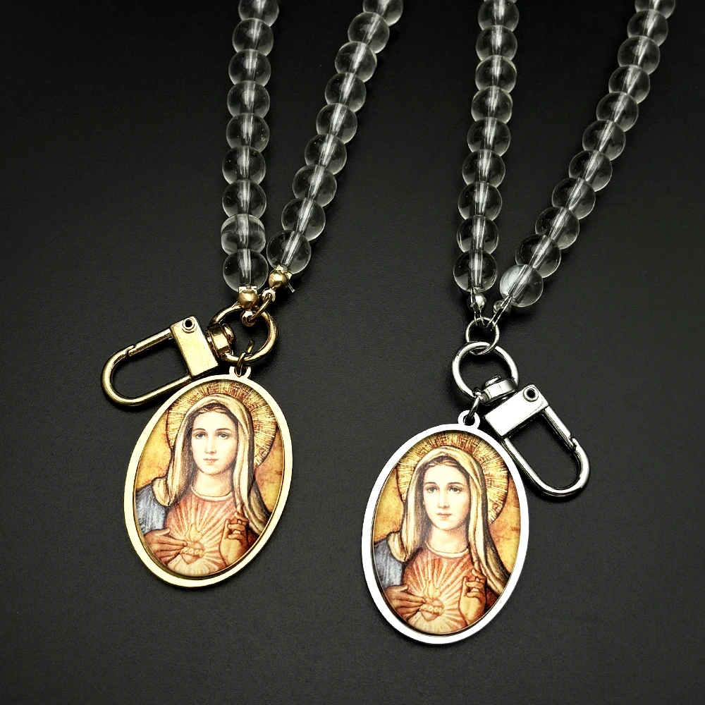 Sacred Heart Virgin Mary Glass Oval Medal Car Pendant for Women Men Stainless Steel Silver Color Catholic Amulet Beads Jewelry