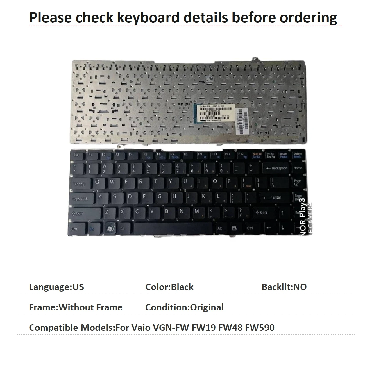 

New US Language Keyboard For Sony Vaio VGN-FW FW19 FW48 FW590 Notebook PC Replacement Keyboard 9j.n0u82.101 81-31105002-04