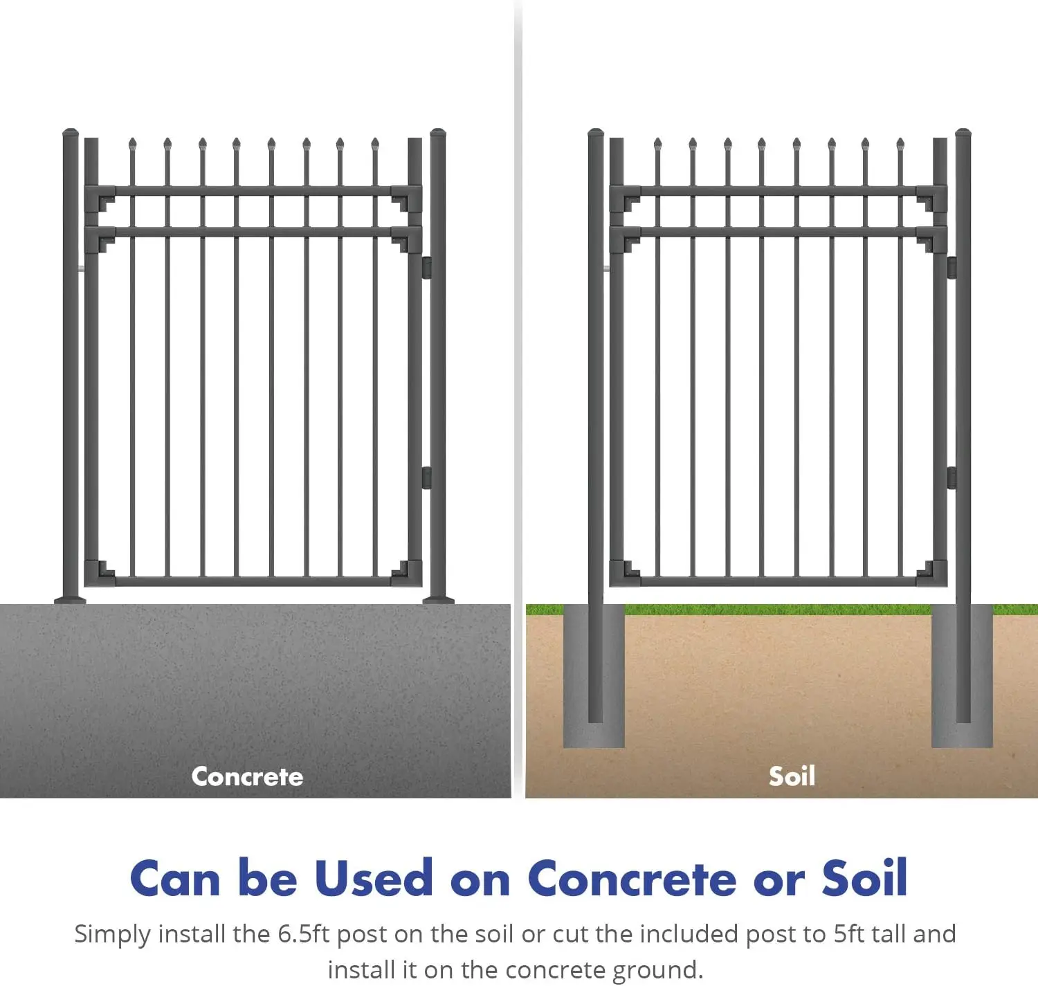 Black Steel Anti-Rust Fence Gate - Sharp End Pickets - 4ft W x 5ft H - Easy Installation Kit, for Residential, Outdoor, Yard
