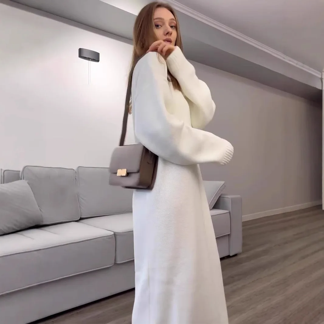 أنيقة المرأة محبوك جولة الرقبة طويلة الأكمام سترة الخريف الشتاء الدافئة فضفاض فستان كاجوال مكتب سيدة الجلباب #4