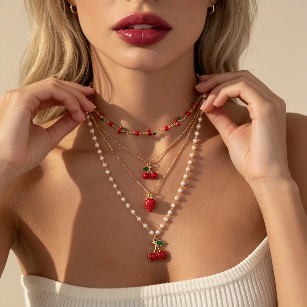 Rote Kirsche Erdbeer-Simulationsperlen-Halskette für Damen und Herren, mehrschichtig, Keramikblume, Schleife, Herz, Baum, Choker, Hochzeitsschmuck – Detail 11