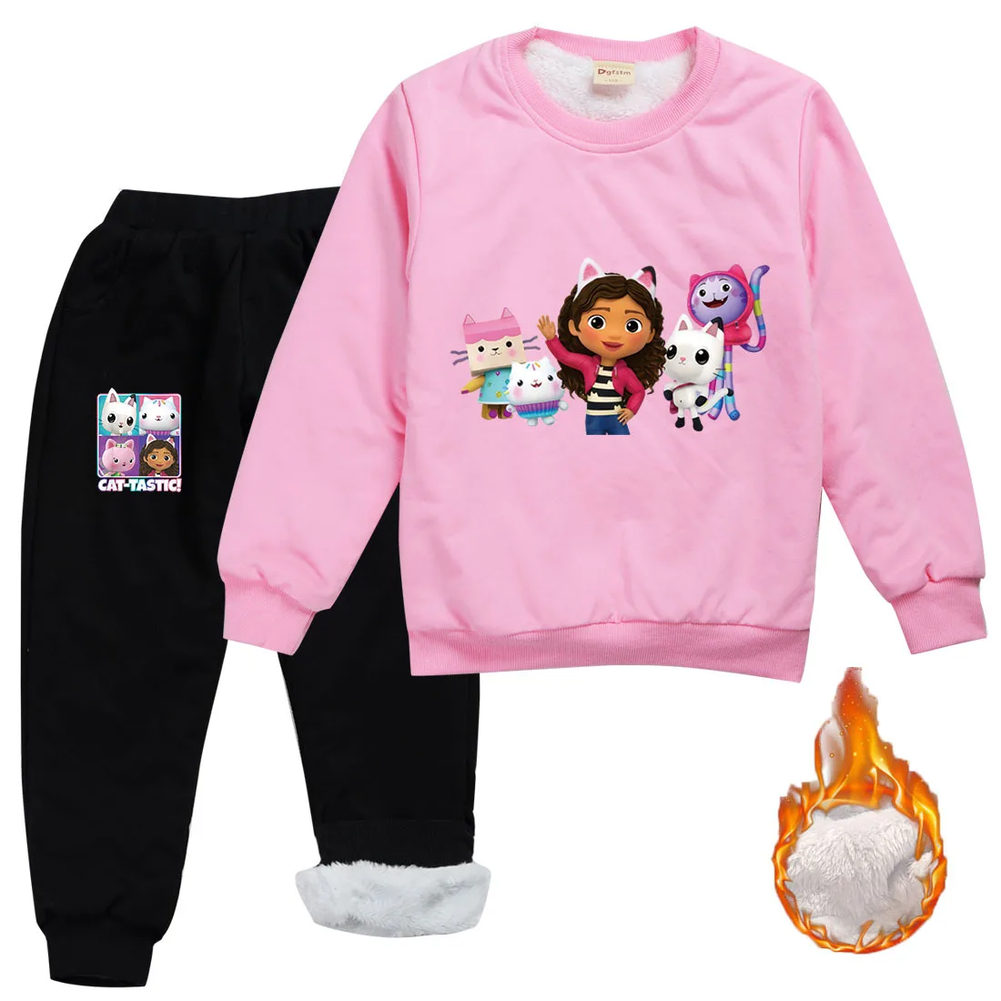 New Gabby Doolhouse Clothes Kids Gabys Chat Hoodie Baby Girls Winter Plush Warm Thicken Fleece Line Sweatshirt + Pants 2Pcs Suit