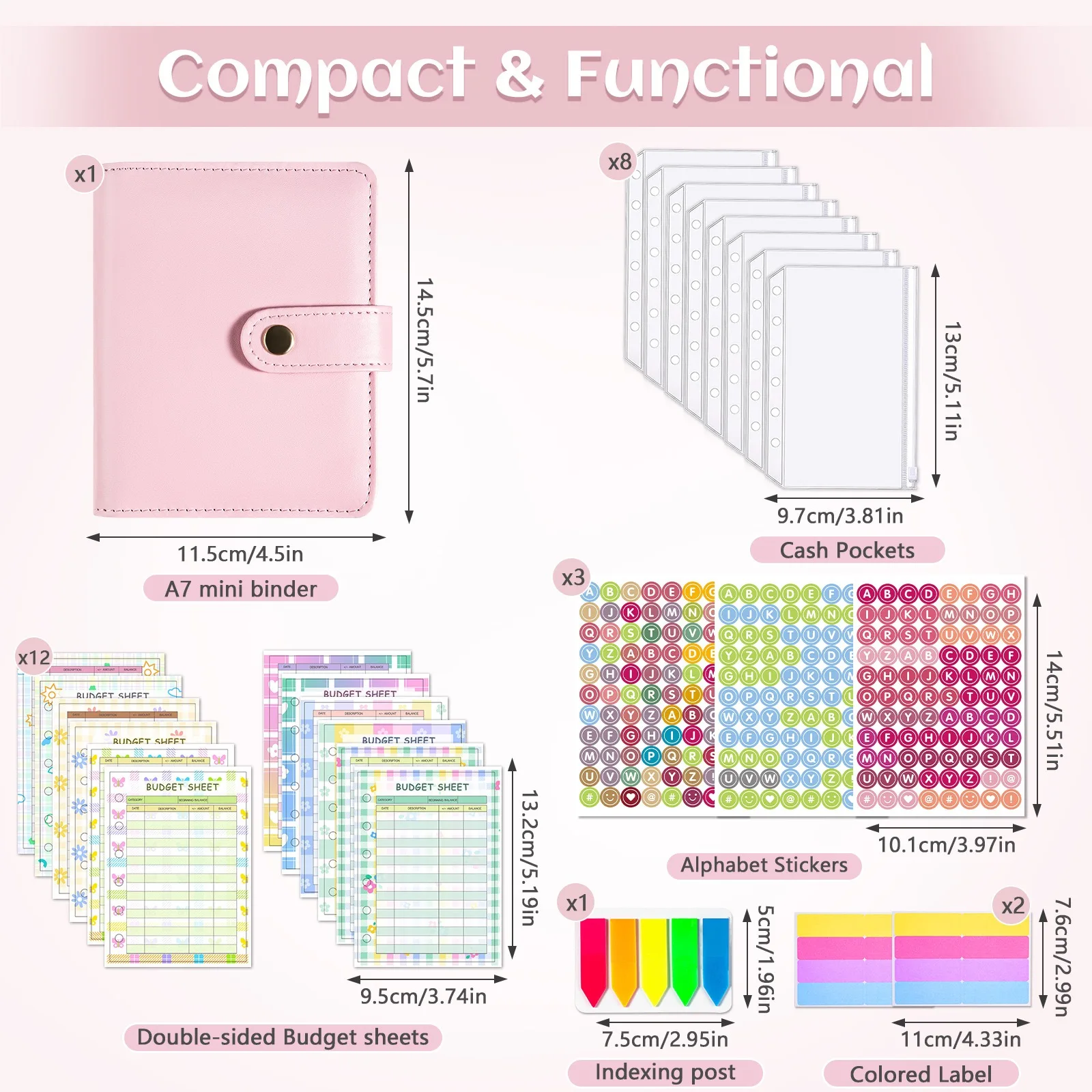 A7 Budget Binder Set, Planner Binder,Alphabet Stickers Refill Paper, Clear Binder Pocket 6 Rings Cash Stuffing Envelope System