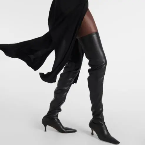 

New Woman Black Leather Square Toe Slim Thin Heels Over The Knee Boots Female Run Way Slip On Thigh Long Botas Shoes Size 32