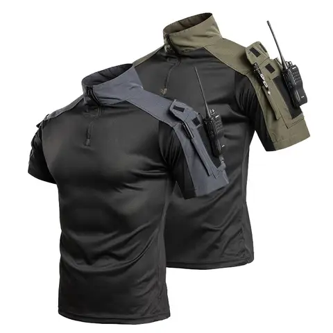Men's Tactical Combat Shirt Short Sleeve 1/4 Zip Breathable Quick Dry Camo for Airsoft Paintball Training Outdoor Hunting Hiking
