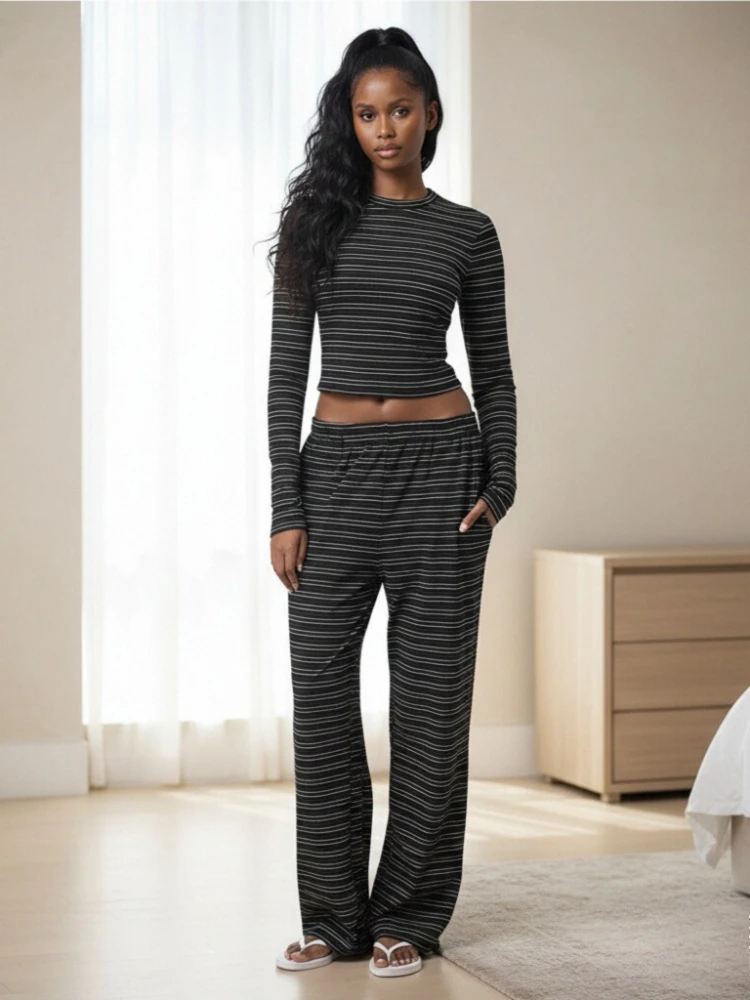 

Tsiisd Vintage Stripes 2 Piece-Set Women's Pants Outfits Casual Long Sleeve Streetwear High Waist 2026 Pants Sets Female Outfits