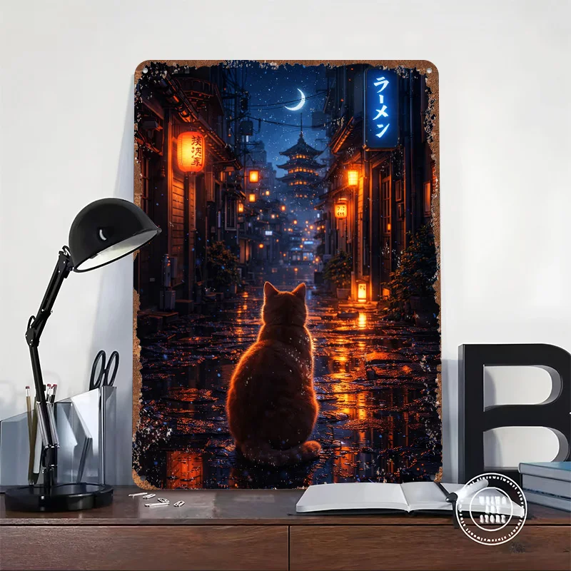 Cat in a Japanese Alley At Night Printing Poster Customized Retro Wall Art Vintage Metal Signs for Mancave Decoration Room House