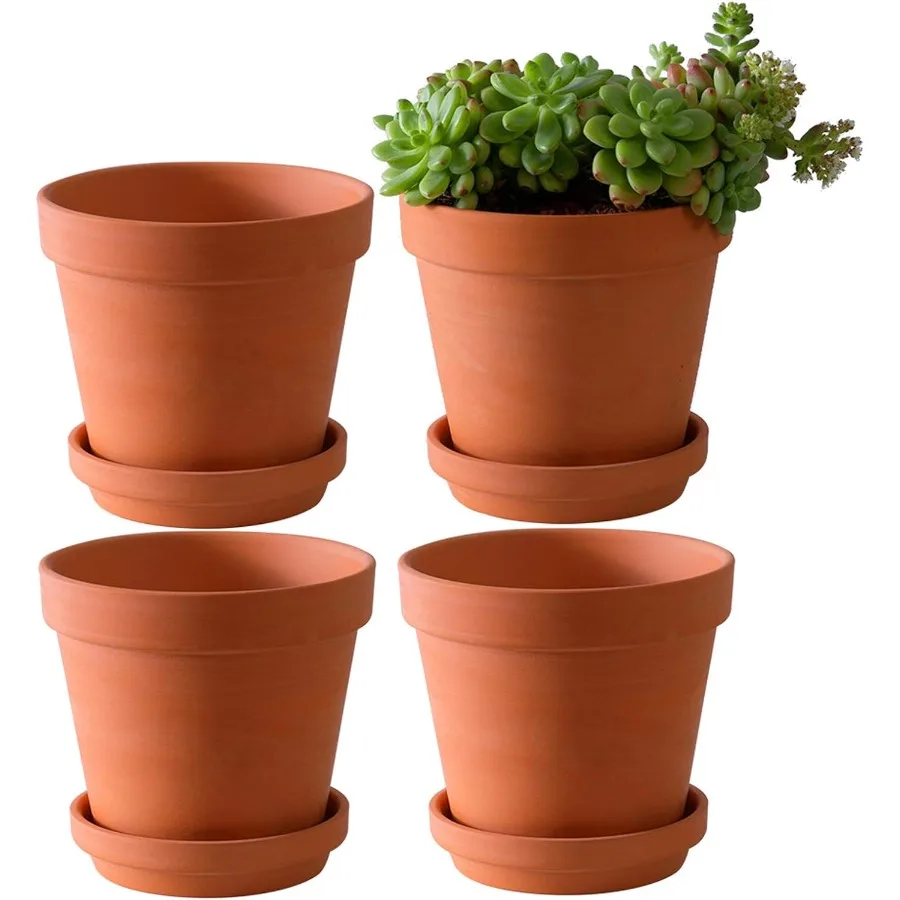 

Большой Terra Cotta Горшки с блюдцем, 4 упаковки, большой 6-дюймовый Terra Cotta горшок для растений с дренажным отверстием Цветочный горшок с подносом Терракотовый Po