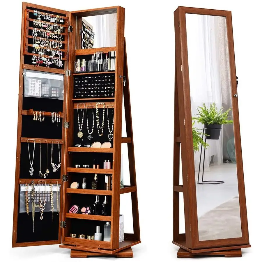 360 Rotating Jewelry Organizer, Full Length Mirror with Storage, Lockable Jewelry Cabinet with Inside Makeup Mirror amp 3Tier R