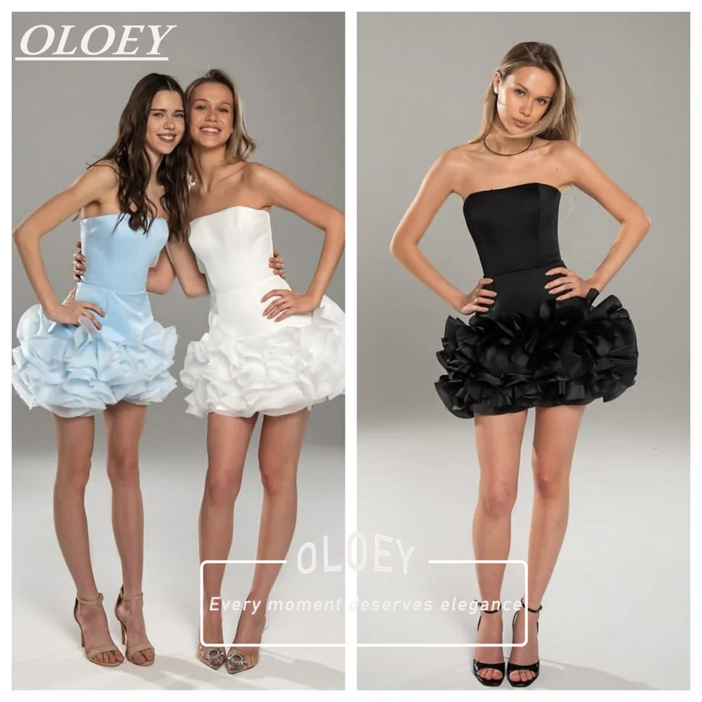 

OLOEY Modern Strapless Short Prom Cocktail Dress Pleated Puffy Hem Mini Wedding Party Gown Customized Satin Lace-up Back