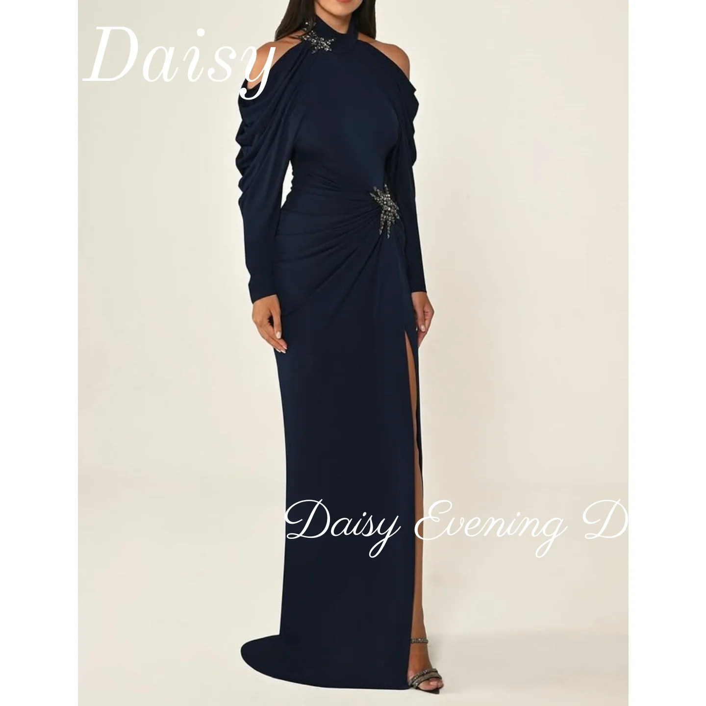 

Синее платье для выпускного вечера с лямкой на шее и бисером, вечернее женское вечернее платье с разрезом по бокам, с длинными рукавами и блестками, свадебное платье по индивидуальному заказу 2025