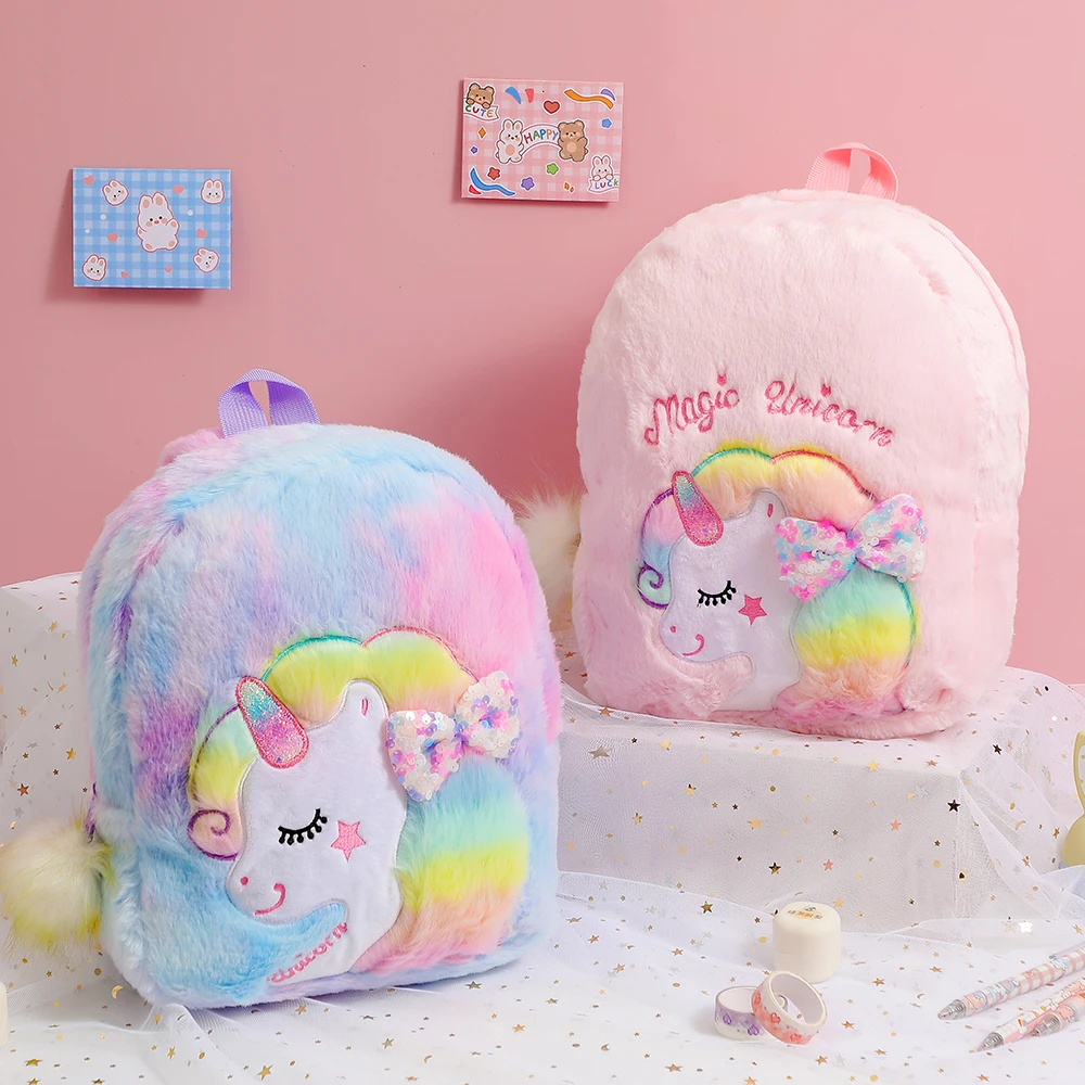 Unicorn Tie Dyed Cartoon Plush Backpack Large capacity children\'s bag Cute Bow Knot Kindergarten Schoolbag Girl