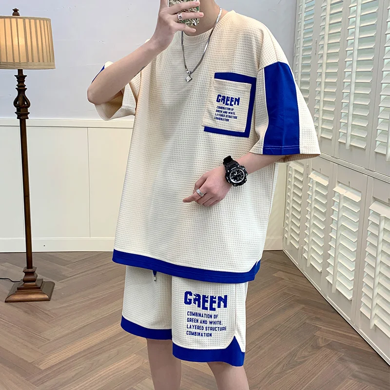 

Sli Youthful Men's ort Sve T-irt Set Heavyweight Summer Faion Two-Piece Outfit Cool Feeling Creative Fun Print