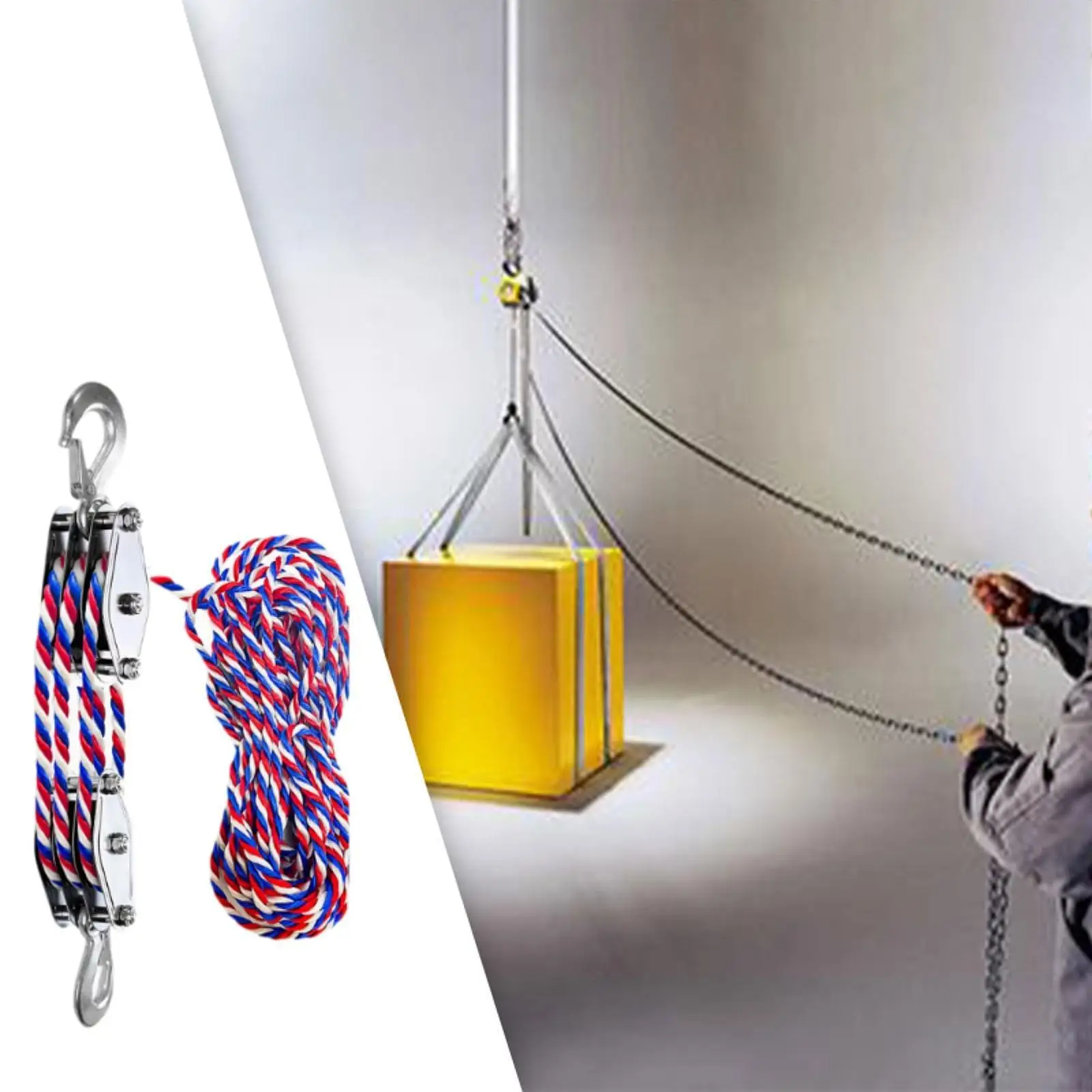 Sistema de polea de bloque y aparejos con cuerda de 15 M, sistema de polea de elevación de cuerda de 1100 libras para objetos de elevación de almacén, accesorios utilitarios