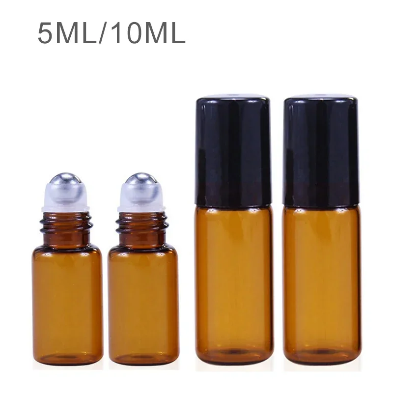 50PCS 5ml/10ml Glass Roll on Bottle Oil Vials with Roller Metal /Glass Ball Sample Test Essential Amber Stainless Steel Ball