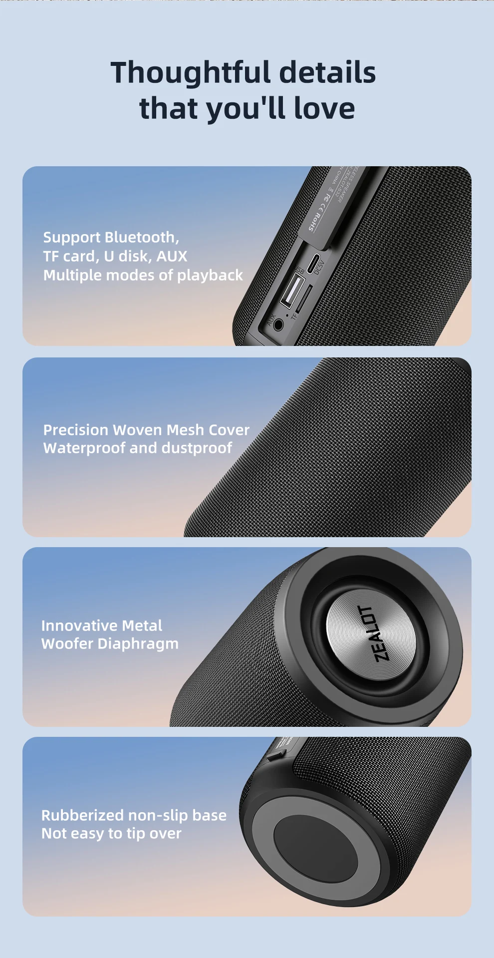 Zealot-S32 Mini Tragbarer Lautsprecher mit TWS, Bluetooth 5.3, Ausgewogenem Bass, IPX5 Wasserdicht für Alle Telefone, Outdoor – Detail 9