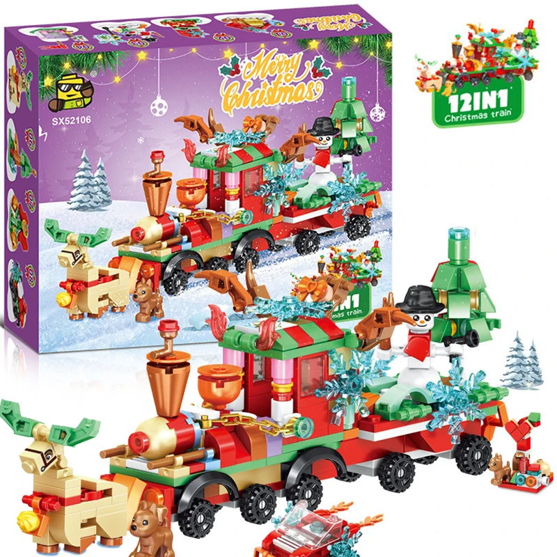12in1 Kerst Aankomst Kalender Blind Box Boom Kerstman Bouwsteen Treintje Elanden Sneeuwpop Montage Bricks Model Speelgoed
