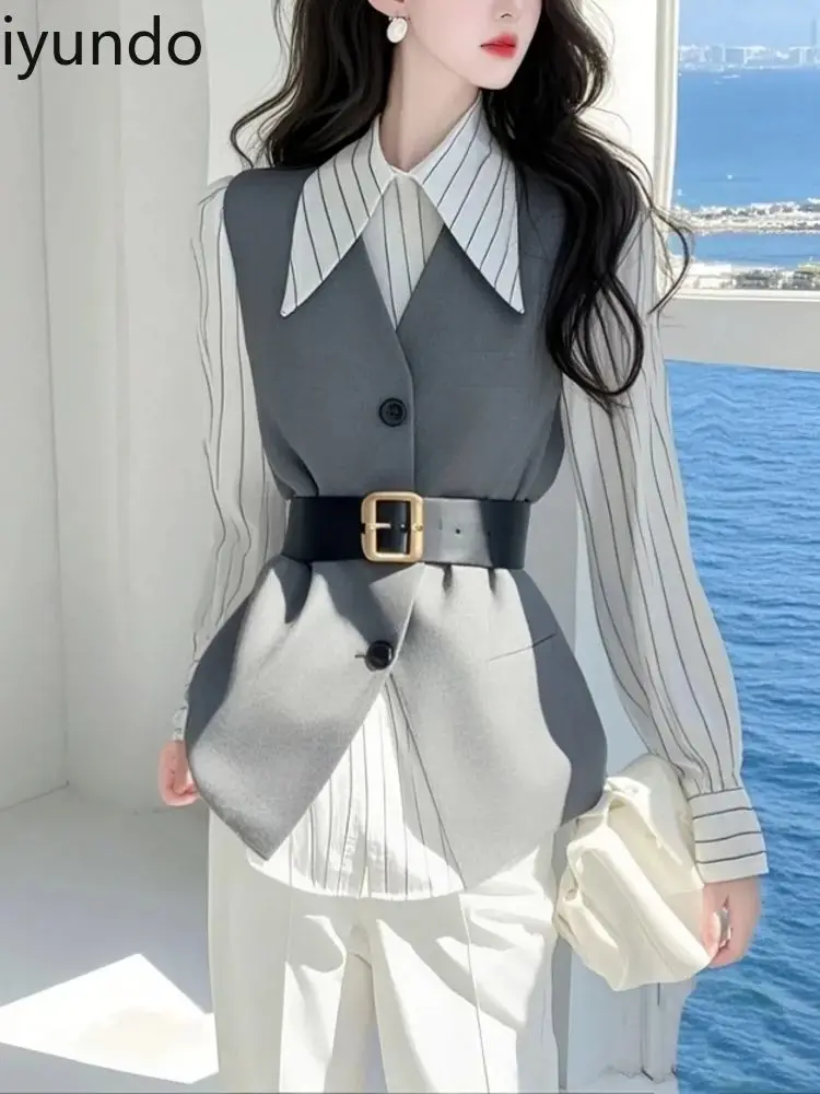 Lente 2025, een complete set outfits, high-end temperament, Franse stijl, grijs pak, vest, overhemd, nep tweedelige blouse, dames