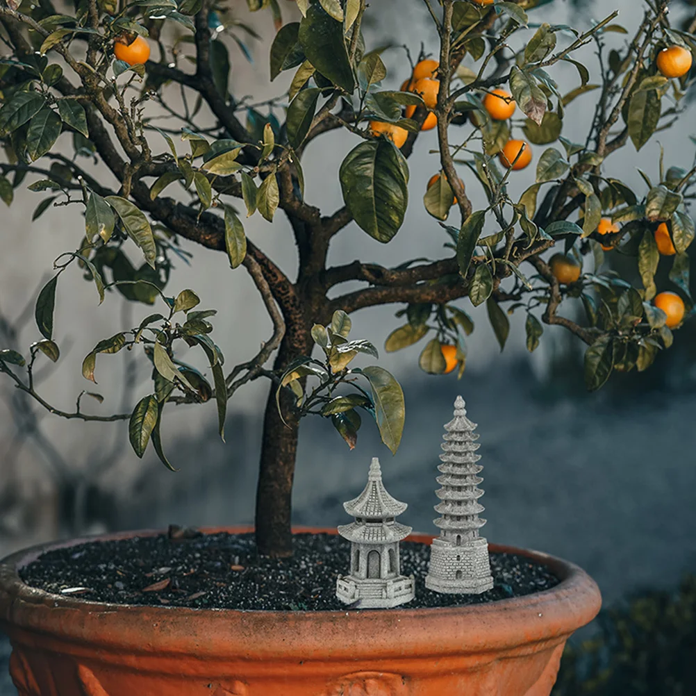 

2pcs Mini S stone Pagoda Statue Decorative Figurine L scape Adornment Bonsai Gardening Decorations Miniature Pavilion Model
