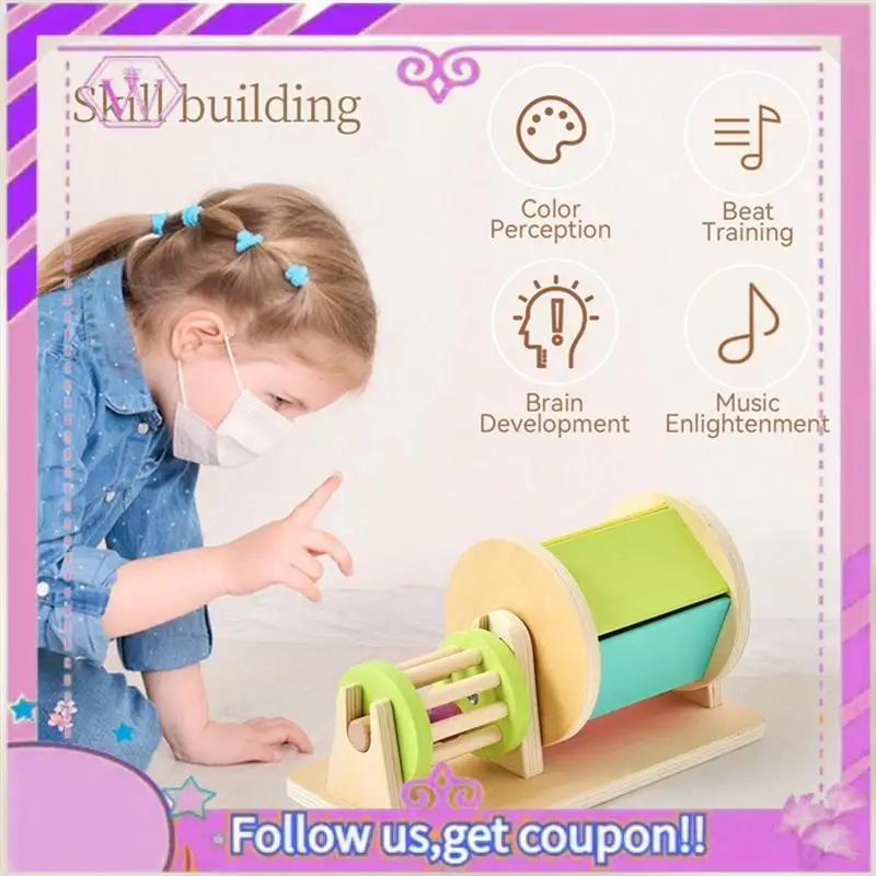 

Upgraded Montessori Baby Wooden Toys Macaron Color Rotating Music Drum Permanent Box Rattle Toy Gift