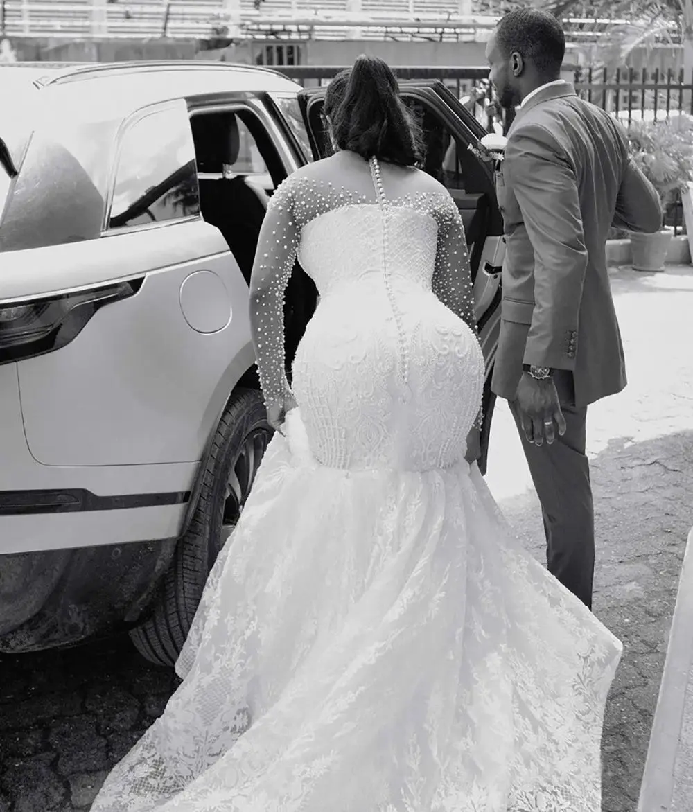 Customized Mermaid Wedding Dress Bridal Gowns For Bride Sheer Illusion Long Sleeves Appliqued Beaded Pearls Lace