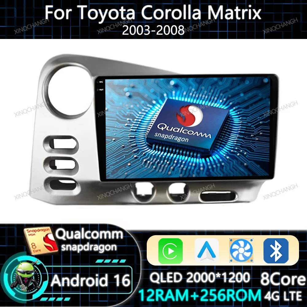 Android 16 Car Radio Carplay Auto For PONTIAC Vibe 2003 2004 For Toyota Corolla Matrix E140 2003 - 2008 Head Unit Navigation GPS