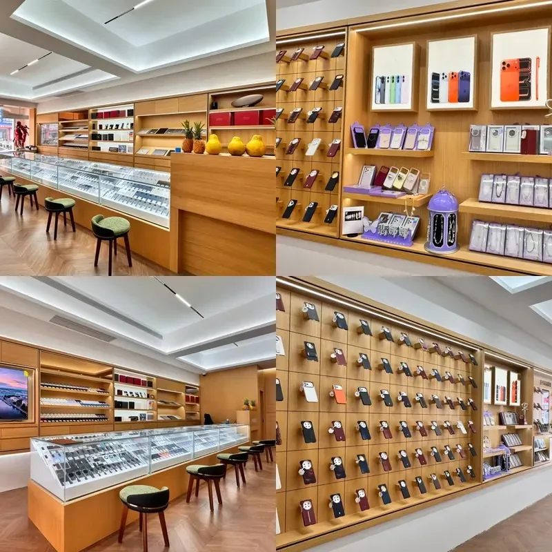 Wood Grain Glass Mobile Phone Display Cabinet for LED Light Wall Mounted Digital Product Retail Showcase