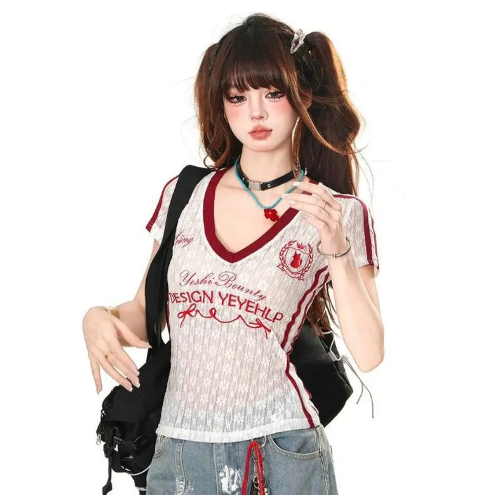 Micro Transparent V-neck T-shirt Short Sleeved Lace Embroidery Lace Embroidery Top Slim Fit Letter Graphic See Through T-shirt
