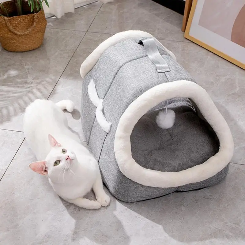 Cat Beds For Indoor Cats Semi-Closed Winter Pet House Covered Cat Bed Warm Cave Nest  Kitten House With Side Pocket For Pet