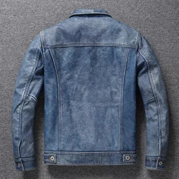 Men's Motorcycle Leather Jacket Light Blue Ami Khaki Retro Graphite Distressed Denim Genuine Leather Jacket Slim Short Jacket 2