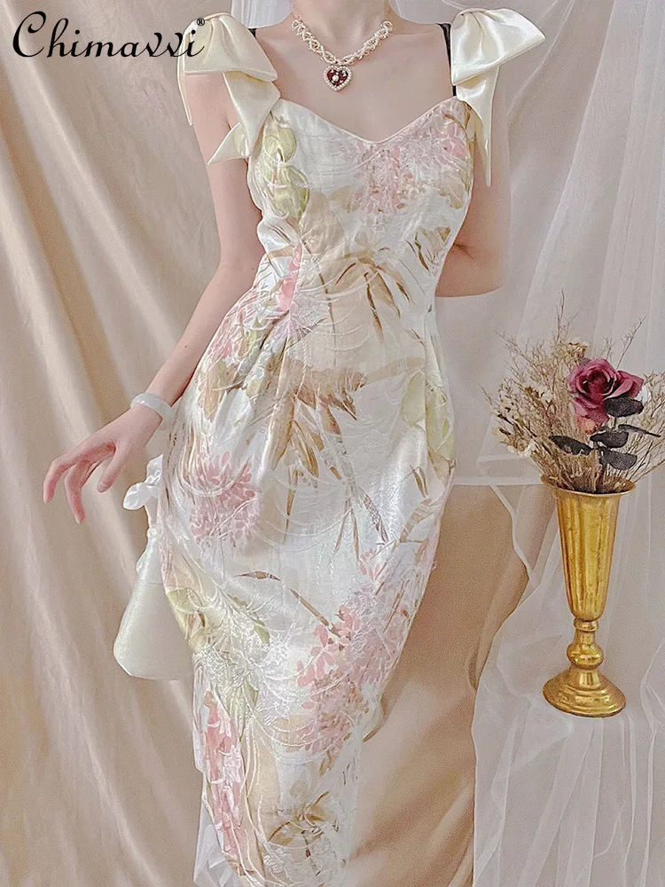 

French Elegant Retro Printing Embroidered V-neck Sleeveless High Waist Slim Fit A-Line Bow Suspenders Long Dress Women Summer